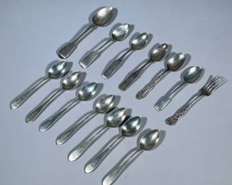 (12pc) MIXED STERLING SILVER FLATWARE | Including: 7 engraved spoons, 2 engraved spoons marked “J Shoemaker”, J.R. Armigeroo floral spoon, Blair & Crawford floral engraved spoon, and more! Total weight: 11.8 ozt.