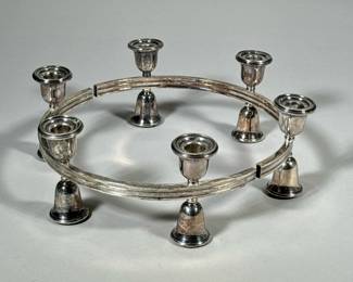 (2pc) PAIR SILVERPLATE CENTERPIECE CANDLEHOLDERS | Silver-plated, half-circle form candelabras each with three candleholders, meeting to form a circle, each 11 in long - h. 4.5 x dia. 13 in