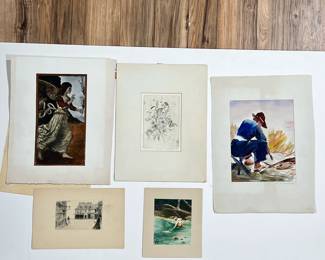 (5pc) MISC. PAINTINGS & ETCHINGS | Including a hand-painted photograph reproduction of The Annunciating Angel Gabriel by Melozzo da Forli; two watercolor paintings (one signed E. G. Daggett, the other signed with conjoined initials "MA"), and two etchings, one in a style after Kandinsky and signed Jennifer Alexander, ed. 3/68 - h. 15 x w. 11 in (largest mat)
