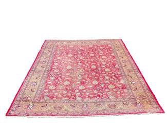 PERSIAN STYLE CARPET | Having an overall pattern with animals on a red ground within floral borders. - w. 12' 11" x l. 9' 9" ft