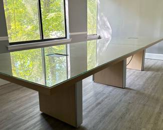CONTEMPORARY CONFERENCE ROOM TABLE | Light color wood with aluminum accents, two electrified outlet panels, and conforming glass tops. - h. 30 x w. 47.5 x l. 155 in
