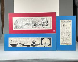 (3pc) COMIC STRIP ILLUSTRATIONS | Each matted, including: 1923 Ferdie comic strip by Russ Westover, dated 8-23; Doc Winner's Daffy Doodles; and a Raeburn Van Buren comic dated 5-16 (1916)