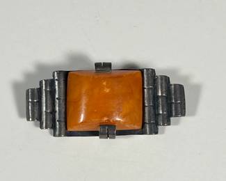 (1pc) Art Deco Amber Silver Pin | With maker's mark and other hallmark on verso. - w. 2 in