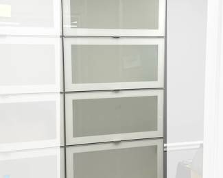 PAIR IKEA SEKTION WALL CABINETS | Pair of IKEA Sektion horizontal wall cabinets, each unit having 2 flip-up glass doors with central glass shelf - h. 30 x w. 16 x l. 30 in