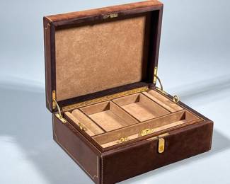 MARK CROSS LEATHER JEWELRY CASE | Mark Cross Italy leather jewelry case with removable tray and functioning lock & key. - h. 3.75 x w. 7.75 x l. 9.5 in