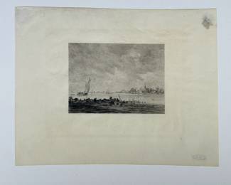 JAN VAN GOYEN (Dutch, 1596-1656) | Fishing harbor scene. Etching. No apparent signature. Matted, unframed. Sheet 9.75 x 12.5 in. -  h. 12.5 x w. 18 in (mat)