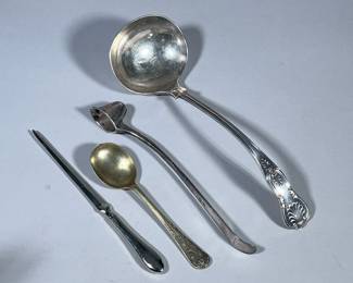 (4pc) SILVER PLATE & MIXED METAL ITEMS | Including: large serving spoons marked “I. Free Mason Inc. / England”, silver plate candle snuffer, silver plate spoon, and mixed metal letter opener.