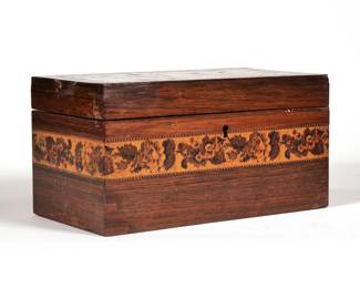 MICROMOSAIC MARQUETRY TEA CADDY | Marquetry inlaid top with a micromosaic border, and with a band of micromosaic inlay flowers around the perimeter; fitted interior with both lids present. - h. 4.5 x w. 4.5 x l. 8.5 in

