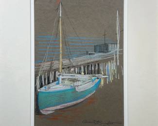 Gerrit Albertus Beneker (1882-1934) | "Sloop by the Pier". Pastel on paper. 9.5in x 6.5in. Showing small colorful sailboat tied off to pier. Signed lower right, dated 1905. In a contemporary frame with a pocket on verso containing the original backing with notes, title and, other information.
