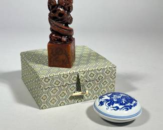 DAVID MOSS CHINESE STAMP & BOX | Carved stone Chinese stamp with twisted dragons and dragon decorated blue and white porcelain lidded box/ink jar, housed in a fitted box. -  h. 2.5 x w. 5.5 x l. 5.75 in
