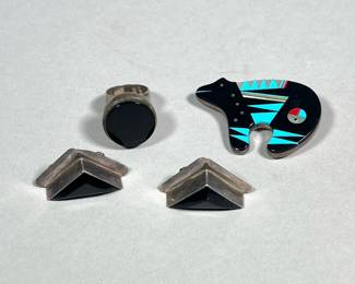 (4pc) MISC. STERLING JEWELRY | Including a turquoise and abalone bear-form pin, a pair of Mexican sterling earrings with triangular jet, and a round jet ring.
