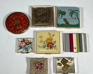 (8pc) VINTAGE MAKEUP COMPACTS | Compacts and pill boxes, including a faux pearl decorated Rex compact, brass and enamel decorated compacts, and a New Jersey souvenier compact. - dia. 4 in (round compact)