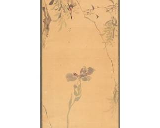 CHINESE / JAPANESE SCROLL PAINTING | Ink on paper. Showing a bird perched on a branch above a purple flower. h. 46.5 x 10.75 in., sight. - h. 68 x w. 16 in (overall)
