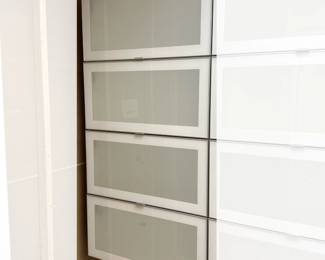 (2pc) PAIR IKEA SEKTION CABINETS | Pair of IKEA horizontal Sektion cabinets, each unit having 2 flip-up glass doors with central glass shelf - h. 30 x w. 16 x l. 30 in (each unit)
