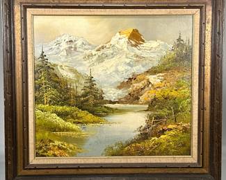 ALPS LANDSCAPE PAINTING | Parone - Alps. Oil on canvas. 20 x 22 in. Signed lower left. With Nadia Kirk Art Studio label on verso - h. 25.75 x w. 27.75 in (frame)