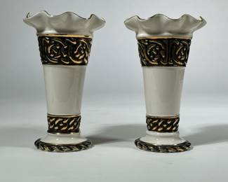 (2pc) Pair Belleek Vases | With black and gilt decoration and scalloped rim, marked on the bottoms. - h. 7.5 x dia. 4.75 in