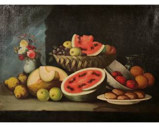 AMERICAN SCHOOL PRIMITIVE STILL LIFE (19th Century) | Tabletop still life with watermelons, fruits, and flowers. Oil on canvas. No apparent signature. 24 x 32.5 in. - h. 31 x w. 39 in (frame)
