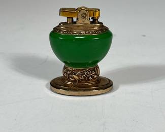 RONSON TABLE LIGHTER | Green and brass "Leona" table lighter. - h. 2-3/4 x l. 2-1/8 in