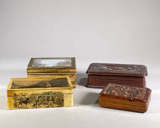 (4pc) DECORATIVE WOOD BOXES | Including; decorative shadow box, early Hudson valley box, a floral and ship carved wood box, and a floral carved box -  h. 2 x w. 3.75 x l. 4.75 in