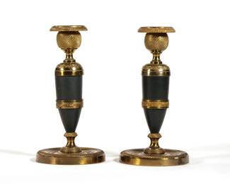 (2pc) PAIR FRENCH BRONZE CANDLESTICKS | Spun bronze with black sections and finely engraved patterned, both marked "Made in France" -  h. 6.5 x dia. 3.25 in