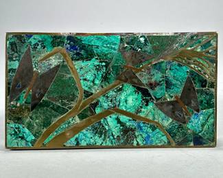 LOS CASTILLO TAXCO MOSAIC INLAID BOX | Mexican Los Castillo box with inlaid lid of turquoise, silver, and brass depicting butterflies among branches, stamped on the bottom -  w. 4.5 x l. 8 in
