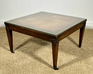 LEATHER TOP LOW TABLE | Inlay leather top with gilt border and carved flower corners. -  h. 15.5 x w. 27 x l. 27 in