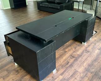 BLACK EXECUTIVE’S DESK | Black wood with tiered design, two banks of drawers and a keyboard slideout - h. 30 x w. 31.5 x l. 79 in