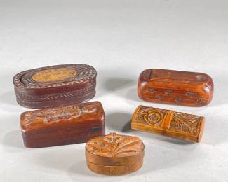(4pc) CARVED SNUFF BOXES | Including; small floral boxes, Star carved stamp box, and coffin-like box with skeleton carving - h. 1.5 x w. 1.5 x l. 3 in (largest)