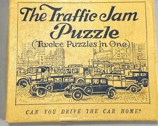 Vintage Traffic Jam Puzzle | The Traffic Jam Puzzle (twelve puzzles in one), wooden puzzle with original box - h. 4 x w. 4.75 in (box)