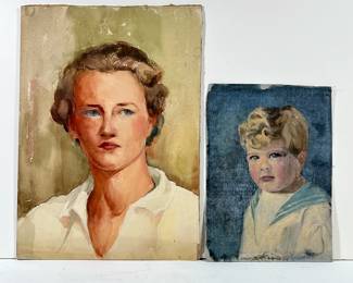 (2pc) 20th Century Portraits | Circa early to mid 20th century, including a watercolor on paper portrait of a woman, mounted on board, and an oil pastel portrait of a young boy on canvas. - h. 15 x w. 10.5 in (largest)

