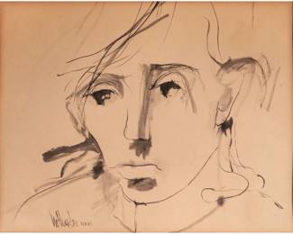 GINO HOLLANDER (1924-2015) | Stylized portrait
Ink on paper. Signed and dated 1.24.63 lower left. 12 x 9.5 in. (sight) - h. 15.5 x w. 18 in (Frame)