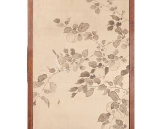 CHINESE SCROLL PAINTING | Paint on silk Showing a bird with a worm in its beak feeding two chicks among branches with fruit. Signed lower right and with chop mark. h. 41.75 x 14 in. (sight) - h. 43.5 x w. 15.5 in
