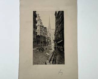 ADOLPHOE YVON (French, 1817-1893) | Street scene with goats. Etching. Pencil signed "Yvon" -  h. 12.25 x w. 8 in (sheet)