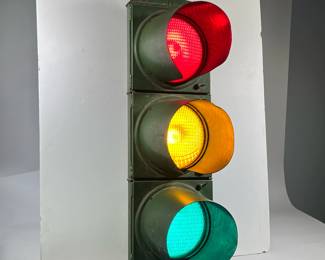 CROUSE-HINDS TRAFFIC LIGHT | Green painted 3-color traffic signal light by Crouse Hinds with art deco decoration on top & bottom. - h. 33 x w. 10 x d. 14.25 in

