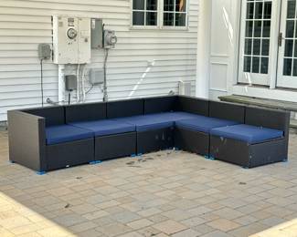 (12pc) OUTSUNNY SECTIONAL PATIO SOFA SUITE | A COMPLETE SUITE: Outdoor patio furniture including a six-piece sectional sofa with cushions and backrests, a storage bin (where cushions are stored) plus a coffee table, and side tables pictured separately! Faux wicker with blue cushions (backrest cushions not pictured but present)
