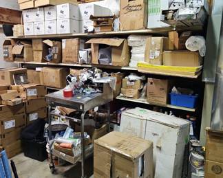 Store Room Supplies Including Lighting, Hardware, Cleaning Supplies, Retail Stock, Double Sided Gondola Shelving, And More