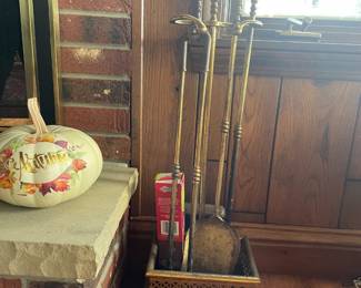Four-piece, brass, vintage fireplace tools with incredible detail and style!