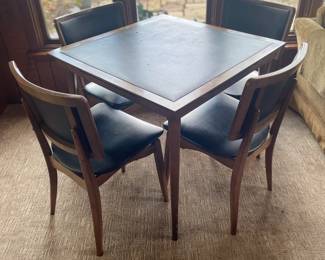 Stakmore Furniture of Owego, NY Walnut. 32" Square Vintage Folding Card / Game / Dining Table with Four Upholstered Chairs! Cult following for Stakmore!