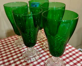 Item #12 - Set of Five Green Anchor Hocking Tall Stemmed glasses - $10