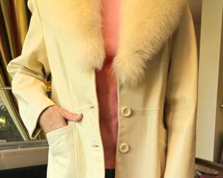 White leather jacket with interchangeable fox collars. Cafe ole with lavender undertones collar not shown.