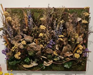 Unusual display of dried flowers and three stuffed quail