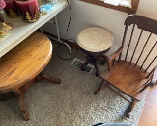 Marble top piano stool in the back. Also a vintage child size rocker.