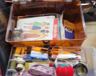 Vintage Sewing Box 3 Total Compartments 2 Remove And It Has Lots Of Sewing Items That Go With it. 