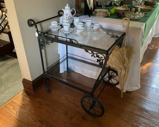 Vintage Woodard tea cart. Herend hand-painted porcelain chocolate service.