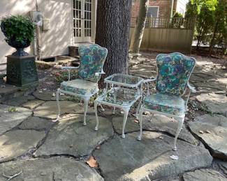 Pair Vintage Woodard iron armchairs. Vintage Woodard iron step end table.