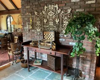Primitive pine sideboard. Brass bound walnut game box. White ironstone fire screen. Vintage six-drawer jewelry chest.
