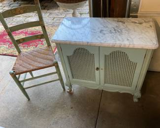 Hand-painted woven splint seat cottage ladder back chair. Marble-top, cane door wash stand cabinet. 