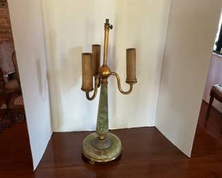 Vintage Art Deco green onyx three-candle lamp.
