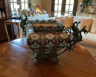  Vintage hand-painted raised enamel majolica jardiniere set in a bronze frame with griffin handles - signed  Fischer J. -Budapest PATENT 1882