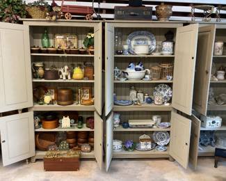 Vintage Woodenware - Firkin, cheese boxes, salad bowls, coffee grinder. Vintage theorem painting, covered brown ware bean/onion soup crocks. Hand-crafted wood toy wagon. White ironstone chamber pot, etc., etc.